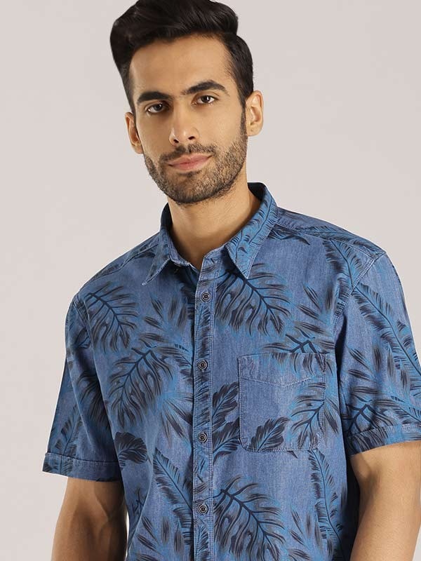 Indian Terrain Men Tropical Print Blue Shirt